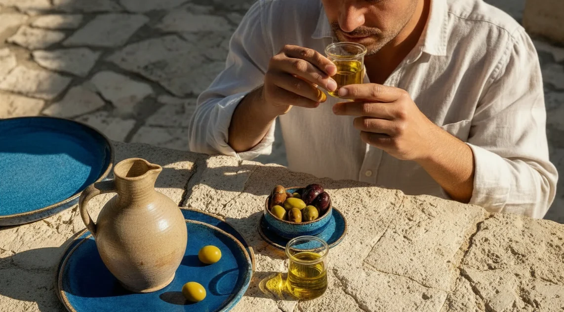 in einem mediterranen Setting riecht ein Mann an einem Glas mit Olivenöl, vor ihm steht ein Kurg mit frischem Öl und eine Schale mit frischen Oliven
