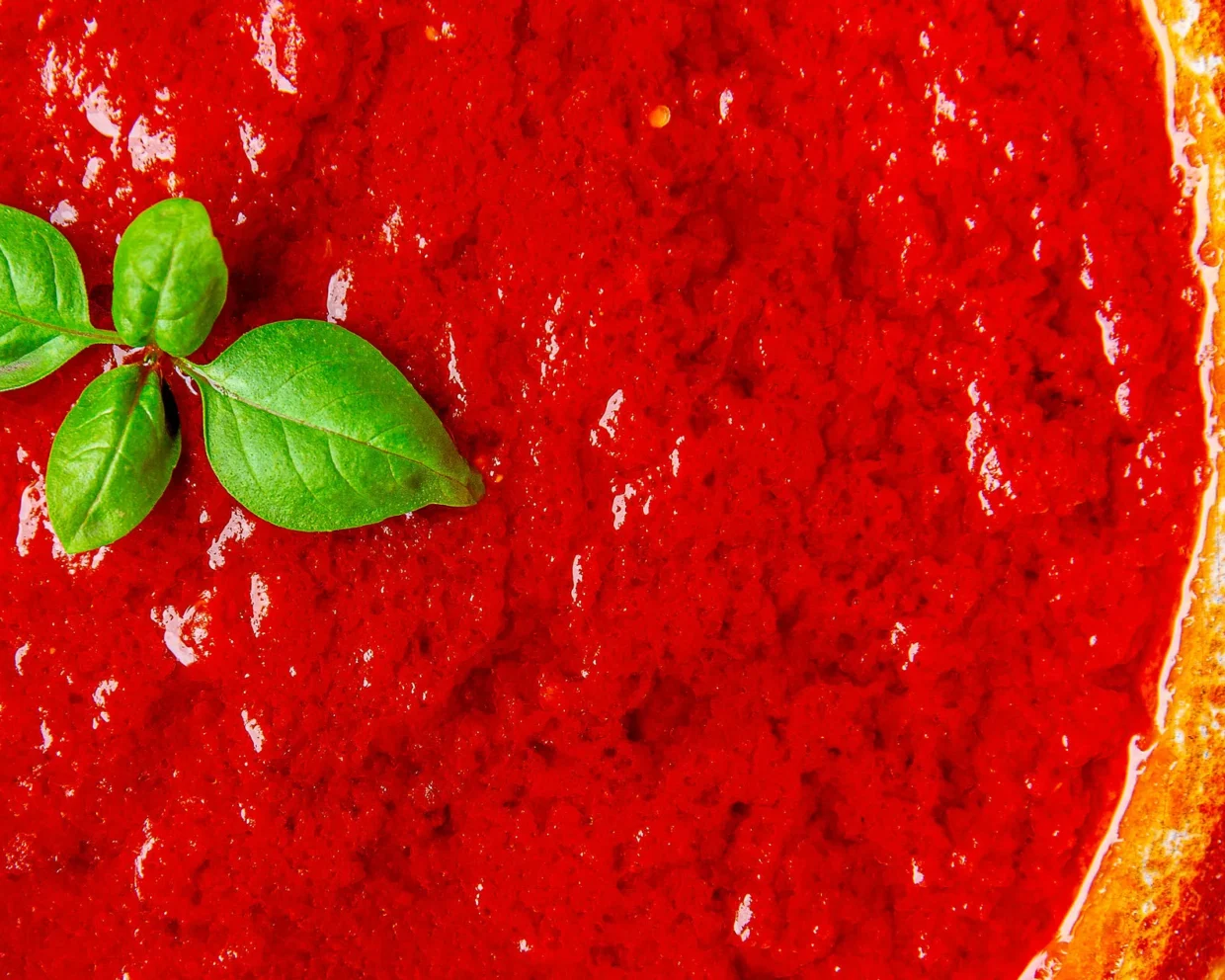 Nahaufnahme einer Metallpfanne in der frisch gekochtes klassisches Sugo zu erkennen ist, als Deko wurde die Spitze einer Basilikumpflanze auf die Soße platziert