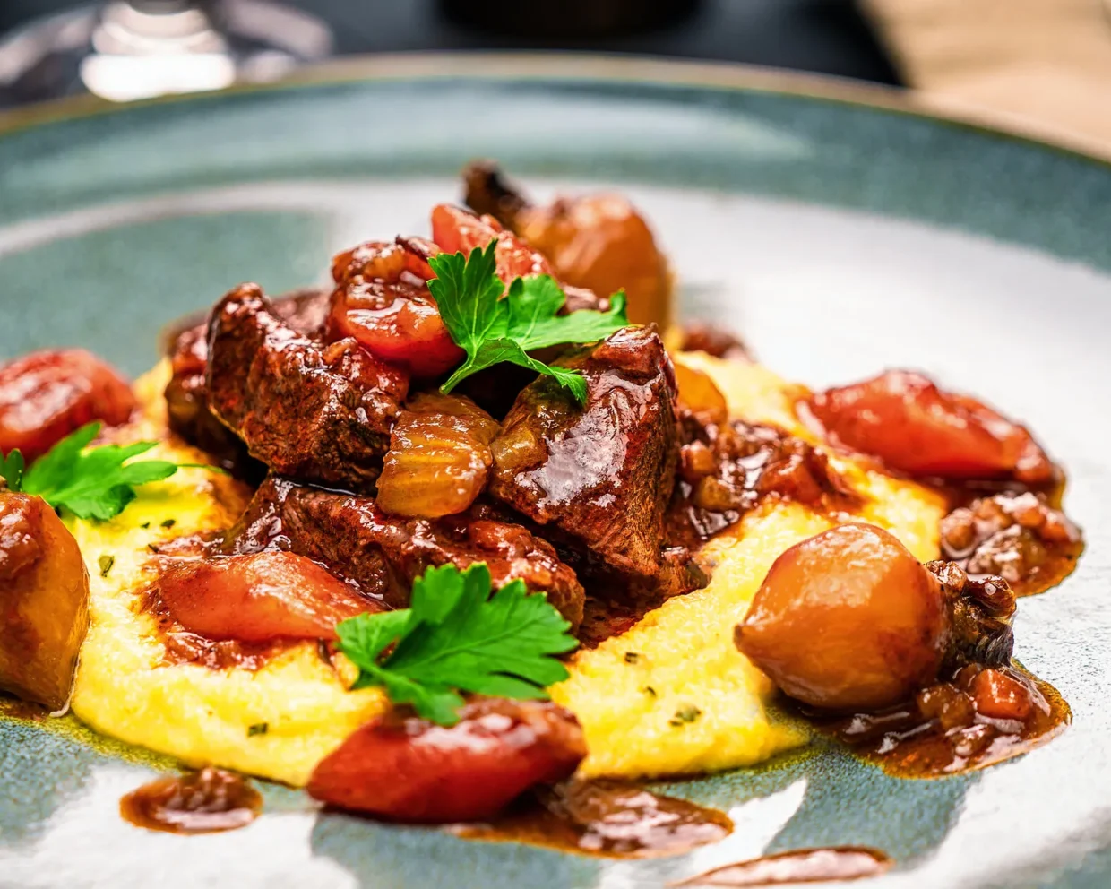 Rezept: Spezzatino di Manzo – italienisches Gulasch auf Polenta mit Rosmarin. Auf einem blauen Steinzeug Teller angerichtet. Im Hintergrund steht ein Rotweinglas und eine Pfeffermühle