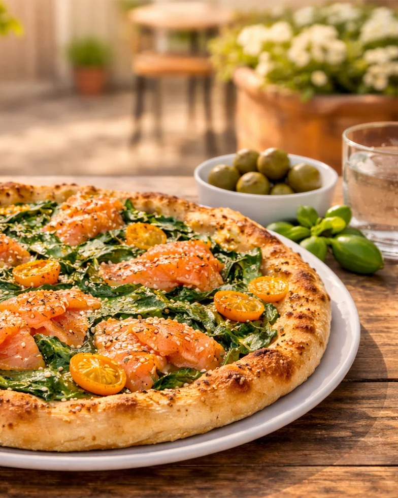Rezept: Gourmet-Pizza mit Spinat, Lachs, gelben Tomaten und Sesam