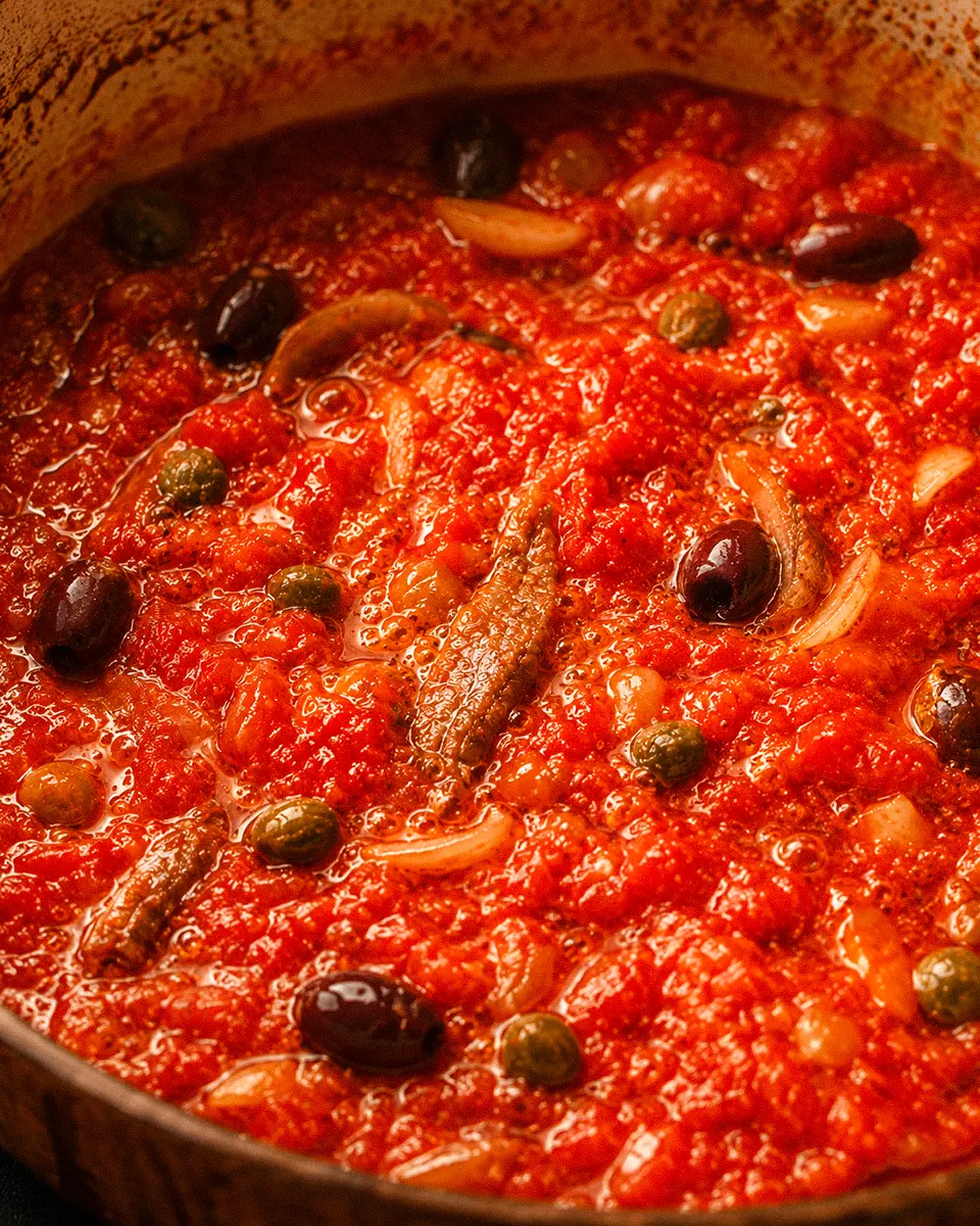 Nahaufnahme eines langsam köchelnden Tomatensugos mit Sardellen, Kapern, Oliven, Zwiebeln und Knoblauch.