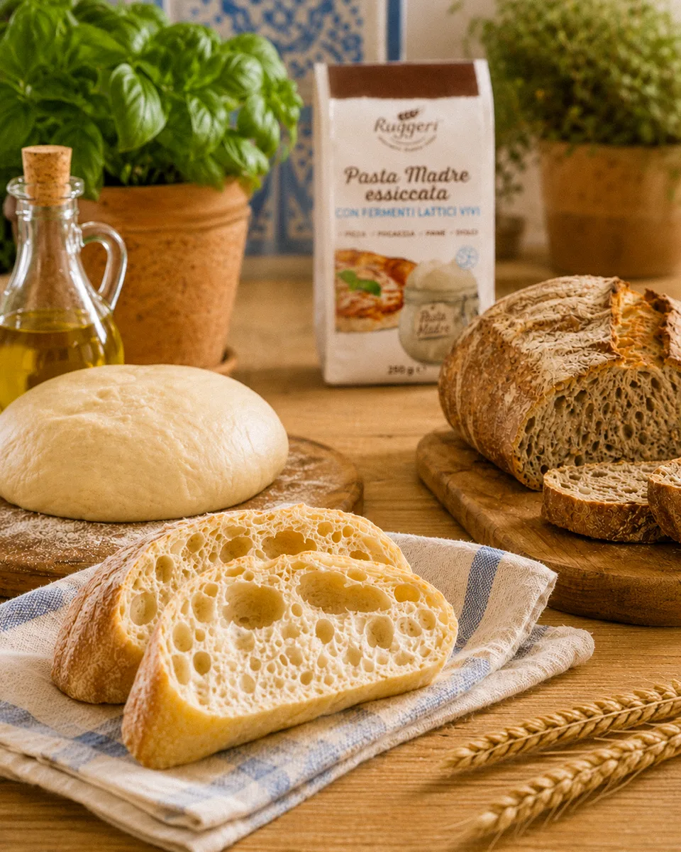 Luftiges helles Brot mit Lievito Madre neben rustikalem Sauerteigbrot und aufgegangenem Teig in mediterraner Backküche