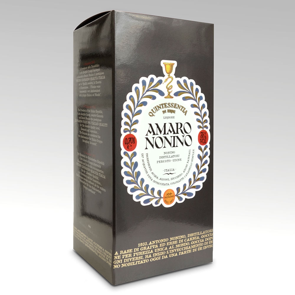 Nonino Amaro Quintessentia di Erbe Alpine – mit Gläsern ergänzt