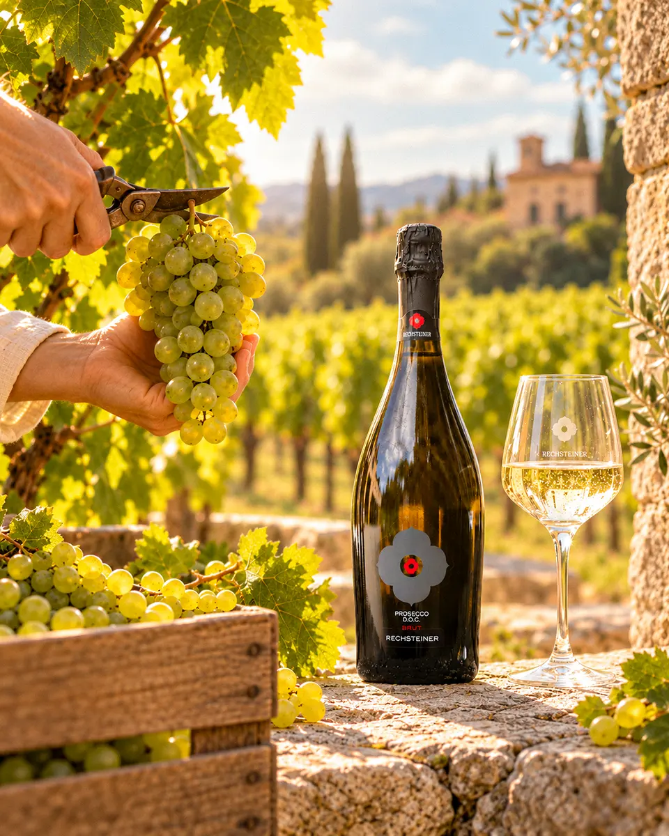 Glera-Trauben bei der Lese im Vordergrund, daneben eine Flasche Rechsteiner Prosecco DOC Brut und ein gefülltes Glas vor einem sonnigen Weinberg in mediterraner Landschaft.