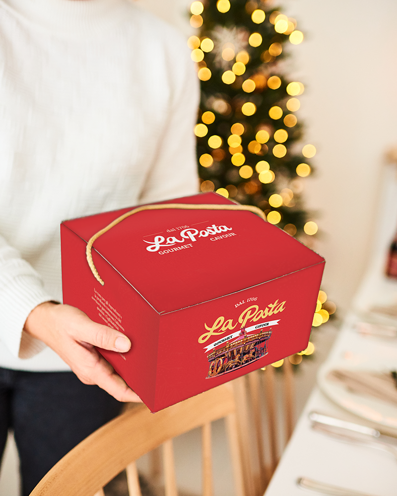 Panettone Schoko-Kirsch - im Geschenkkarton – mit Schokoladenstücken, Panettone ausgepackt mit Verpackung