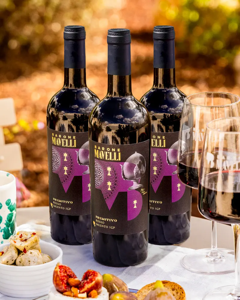 italienischer Wein, Primitivo, Flasche steht auf Tisch mit Antipasti