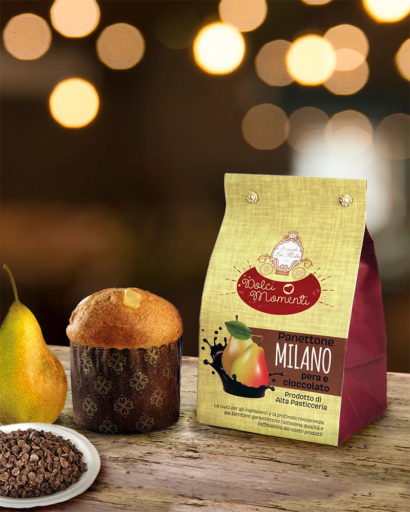 Mini-Panettone Schokolade Birne – Birne als Dekoration, mit Schokoladenstücken, Panettone ausgepackt mit Verpackung
