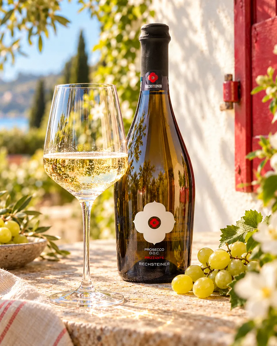 Gefülltes Weinglas im Vordergrund, dahinter eine Flasche Rechsteiner Prosecco DOC Frizzante, umgeben von hellen Trauben auf einer sonnigen Terrasse.