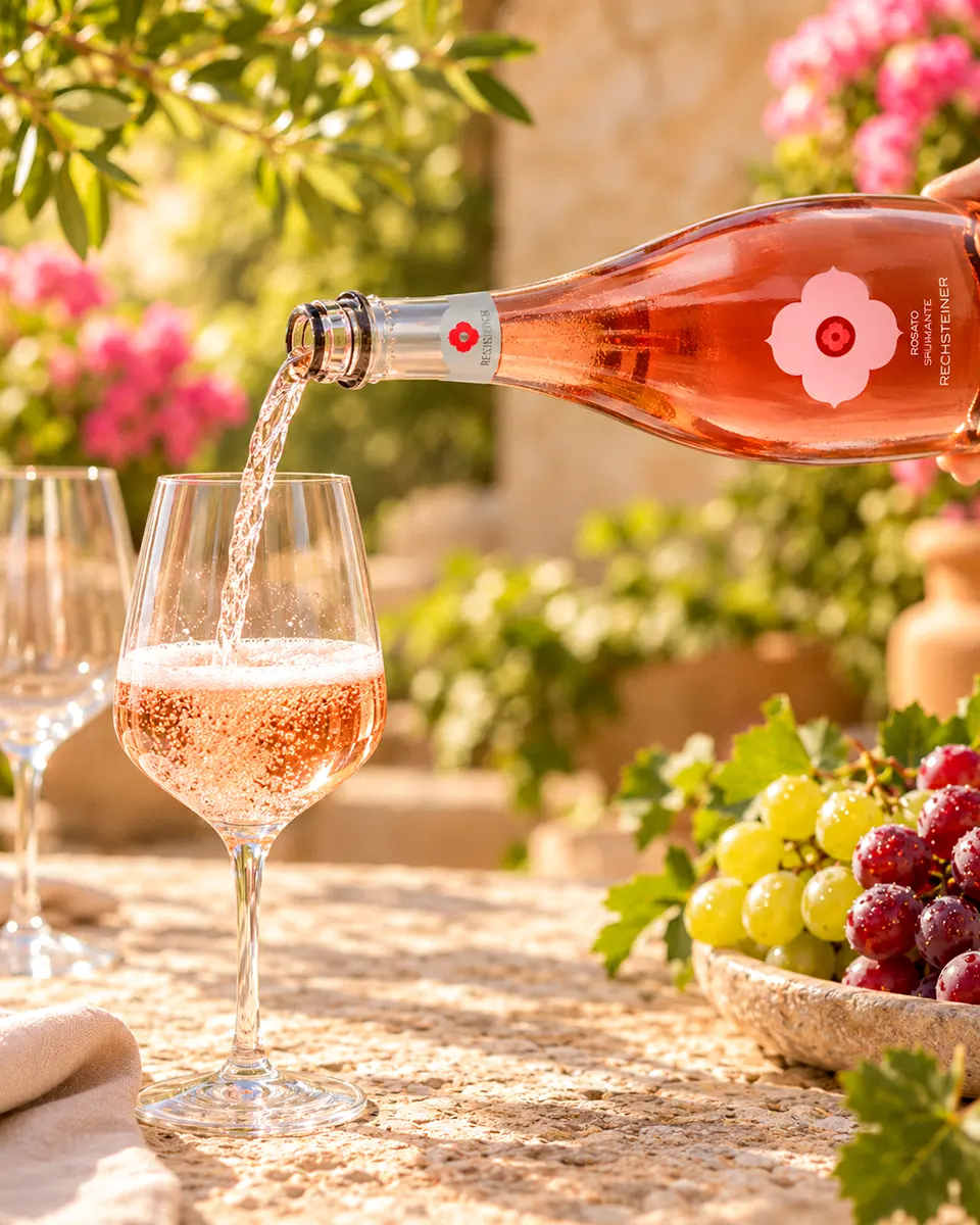 Rechsteiner Prosecco Rosato wird in ein Weinglas eingeschenkt, umgeben von mediterranen Pflanzen, Blüten und warmem Sonnenlicht in einer sommerlichen Gartenszene.