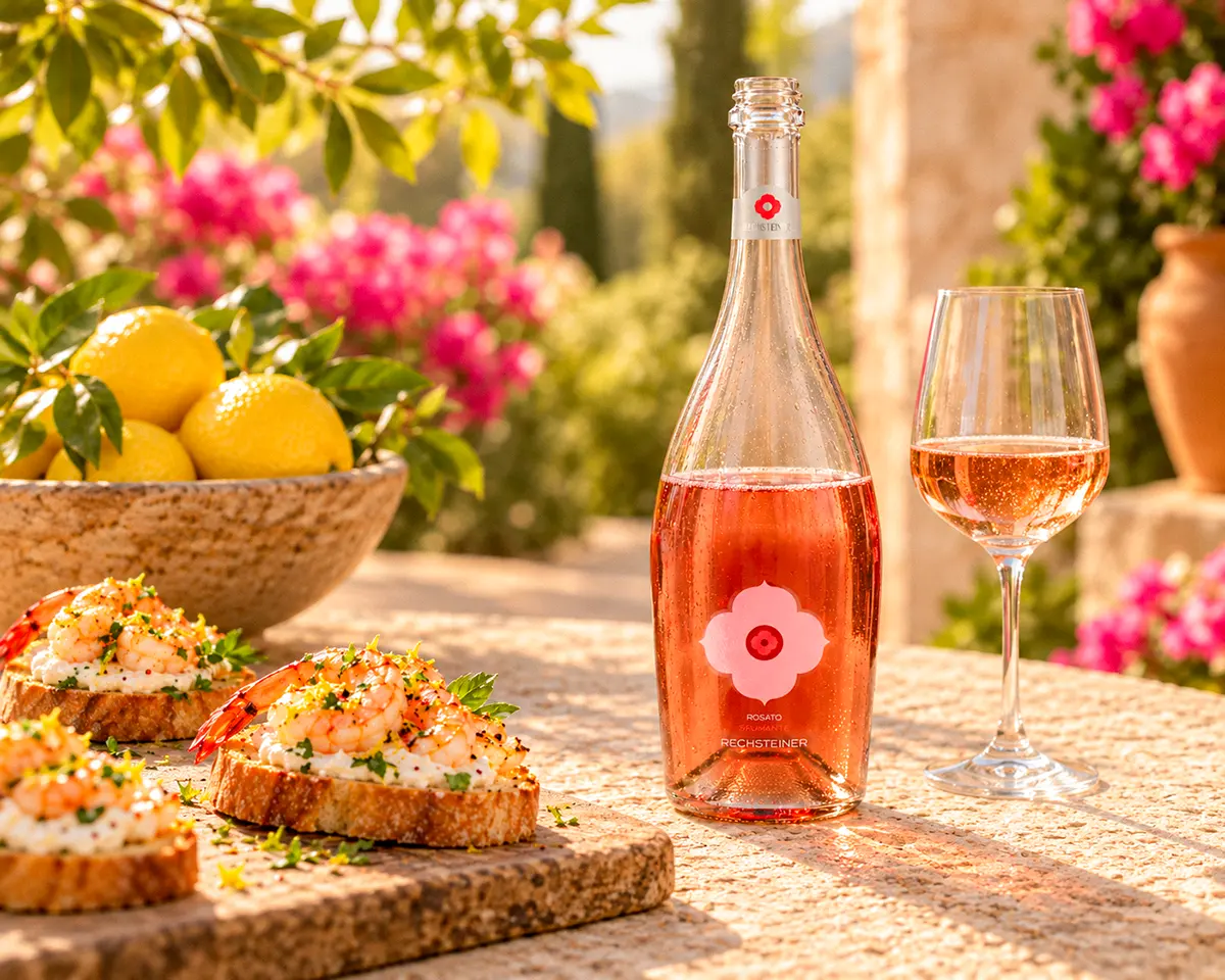 Halbvolle, geöffnete Flasche Rechsteiner Prosecco Rosato neben Crostini mit Garnelen und einer Schale frischer Zitronen auf einem sonnigen Tisch im mediterranen Garten.