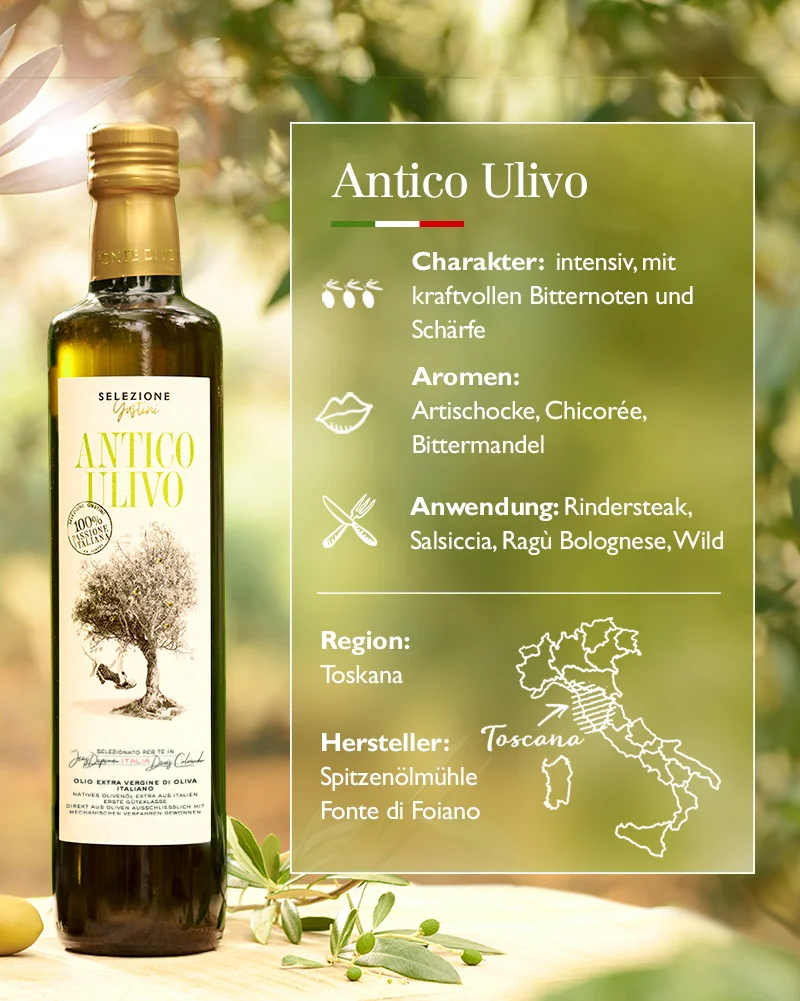 Antico Ulivo - Spitzen-Olivenöl – serviert auf einem Teller