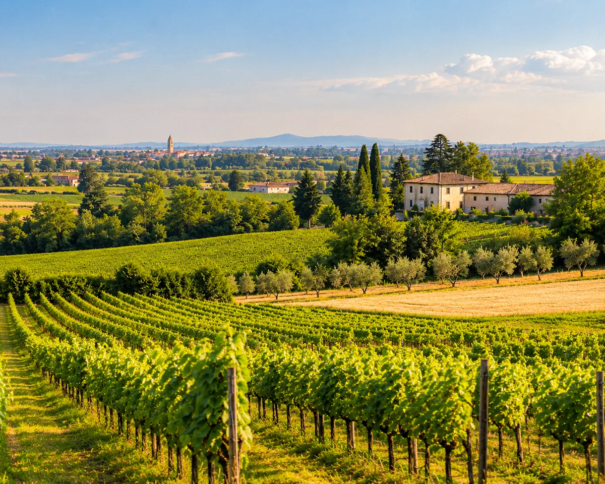 Weinlandschaft mit grünen Rebzeilen, Feldern und einem Landhaus, im Hintergrund ein Ort mit Kirchturm und sanfte Hügel.