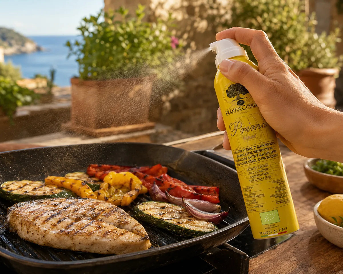 Frantoi Cutrera Primo Bio-Olivenöl-Spray beim Besprühen von gegrilltem Fisch und mediterranem Gemüse in einer Grillpfanne.
