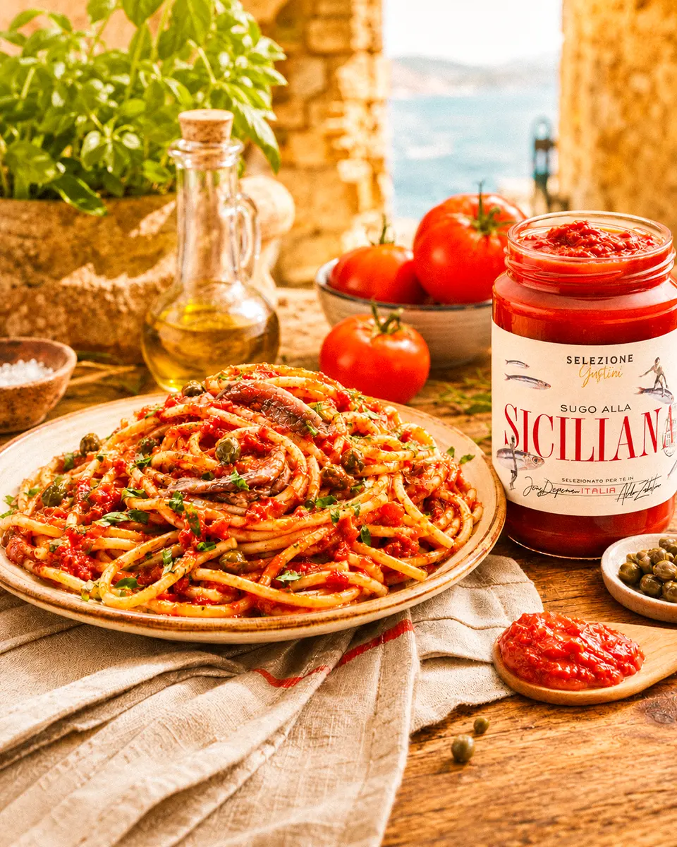 Spaghetti mit würzigem Tomatensugo, Sardellen, Kapern und Oliven neben einem Glas Sugo alla Siciliana.