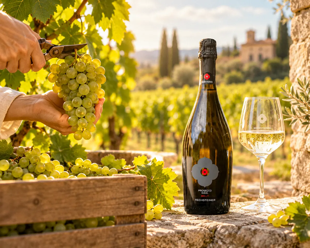 Glera-Trauben bei der Lese im Vordergrund, daneben eine Flasche Rechsteiner Prosecco DOC Brut und ein gefülltes Glas vor einem sonnigen Weinberg in mediterraner Landschaft.