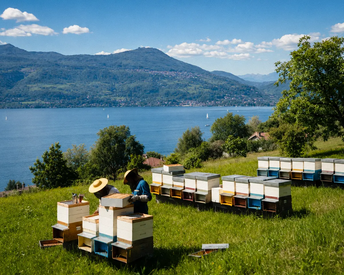 Zwei Imker pflegen im Sommer ihre Bienenstöcke auf einer grünen Wiese mit Blick auf den Lago Maggiore und die umliegenden Berge.