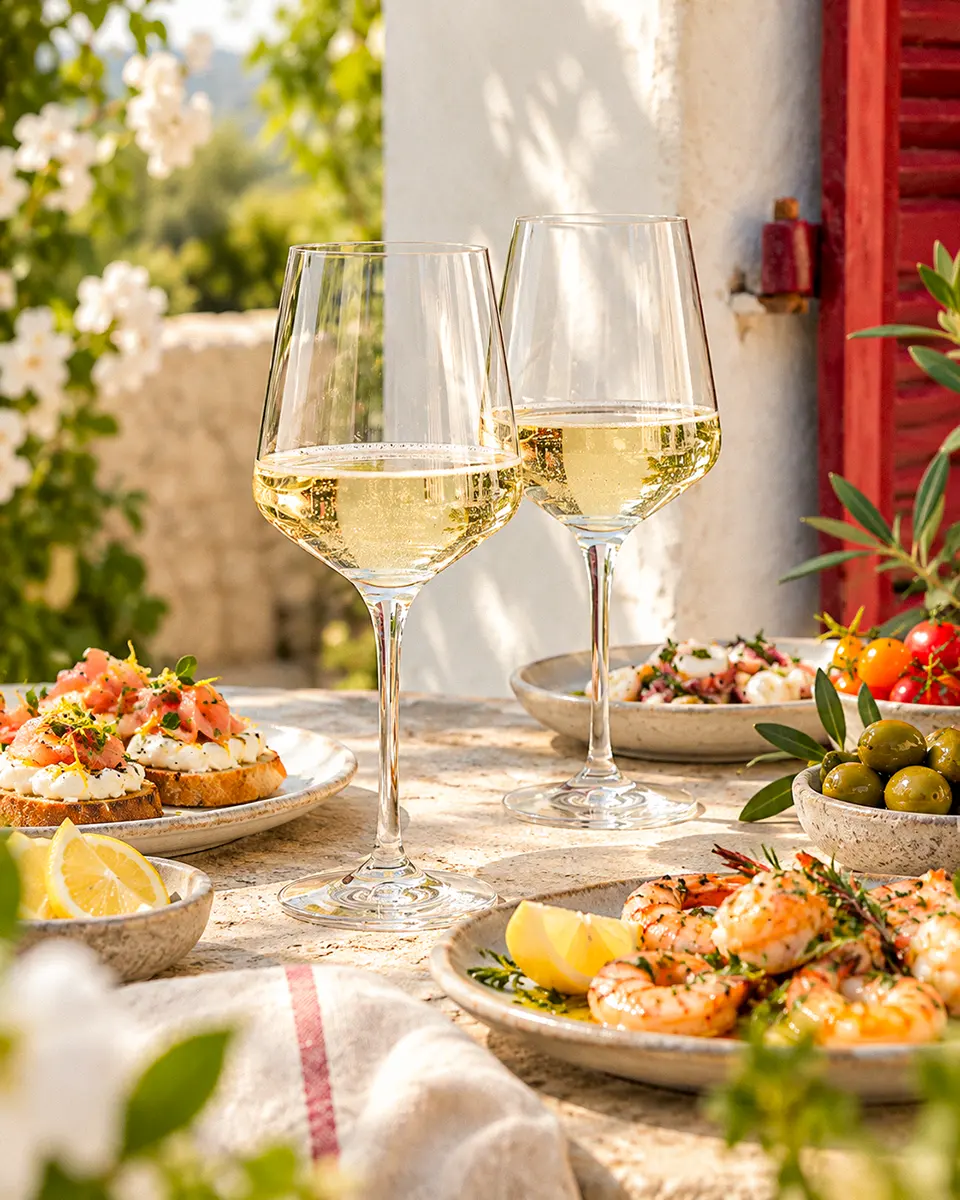 Zwei Gläser Prosecco Frizzante zwischen Garnelen, Crostini, Meeresfrüchtesalat, Oliven und Zitronen auf einem sonnigen Gartentisch.